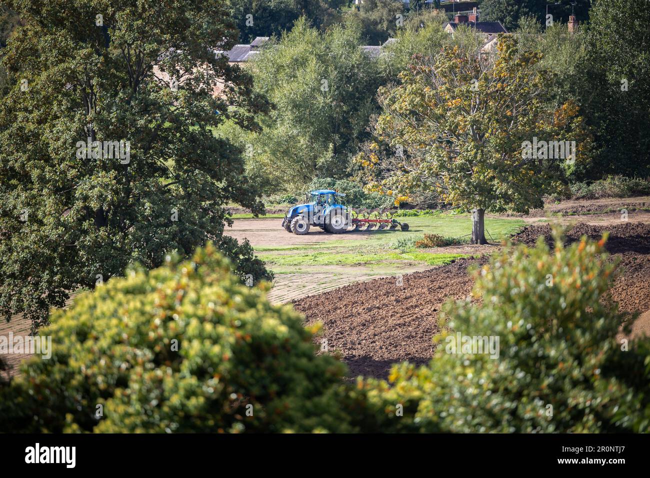 Trattore aratura campo in campagna incorniciata da alberi, bella giornata di sole, trattore in Ucraina nazionale colori blu e giallo. Foto Stock