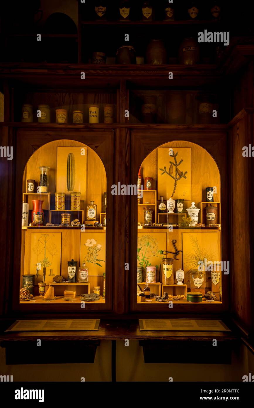 Museo della farmacia, museo del castello sulla storia della farmacia con oltre 20.000 mostre su 2000 anni di scienza medica e farmacia, tra cui apoth di vetro Foto Stock