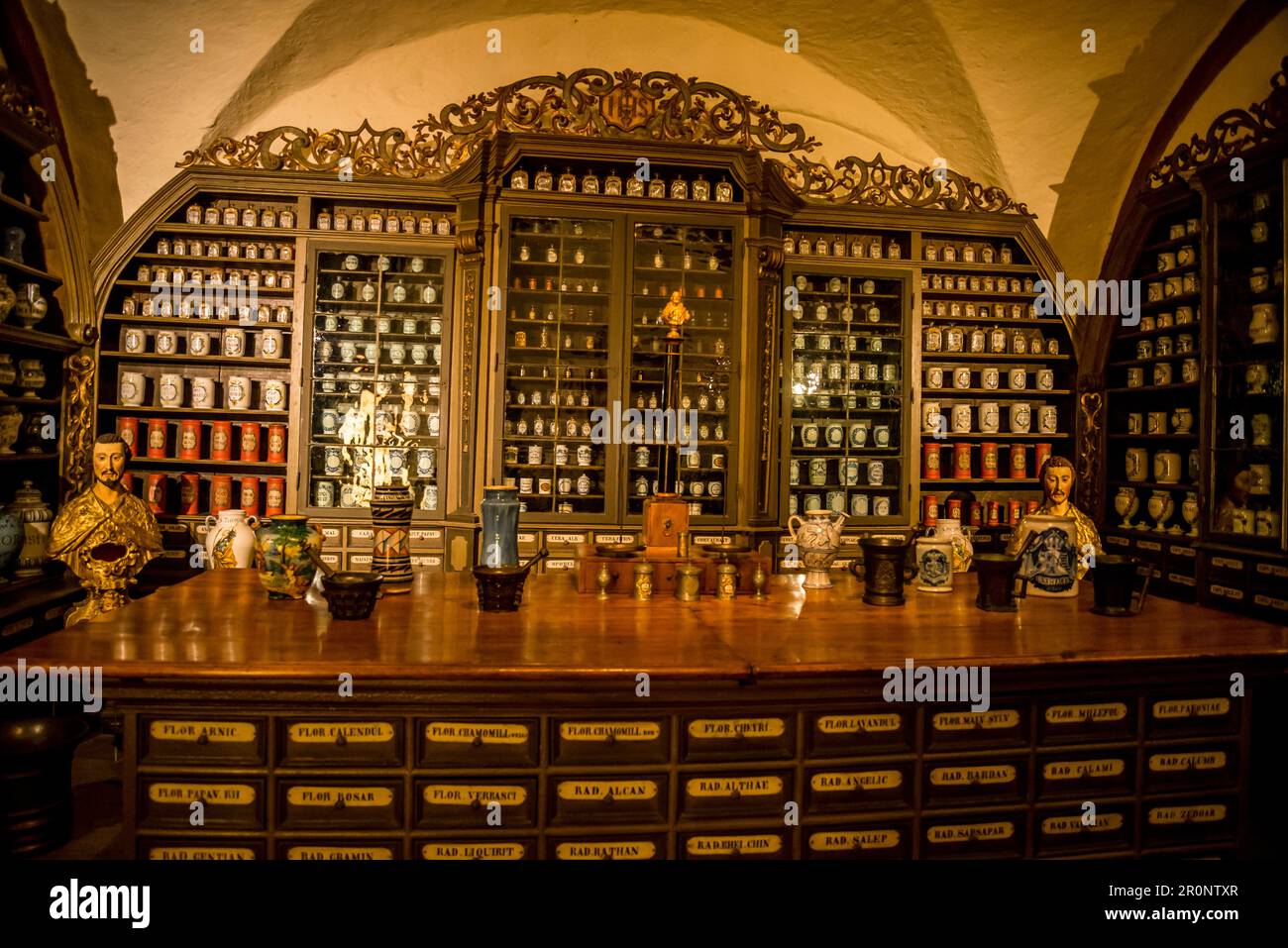 Museo della farmacia, museo del castello sulla storia della farmacia con oltre 20.000 mostre su 2000 anni di scienza medica e farmacia, tra cui apoth di vetro Foto Stock