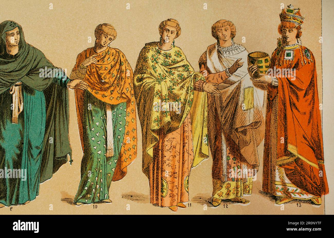 Impero Romano d'Oriente. Bizantini (400-600). Da sinistra a destra: 9- vestito da donna con tunica lunga, 10, 11 e 12- vestiti da donna più eleganti con tunica lunga, vestito da imperatrice 13. Chromolithography. 'Historia Universal', di César Cantú. Volume III, 1882. Foto Stock