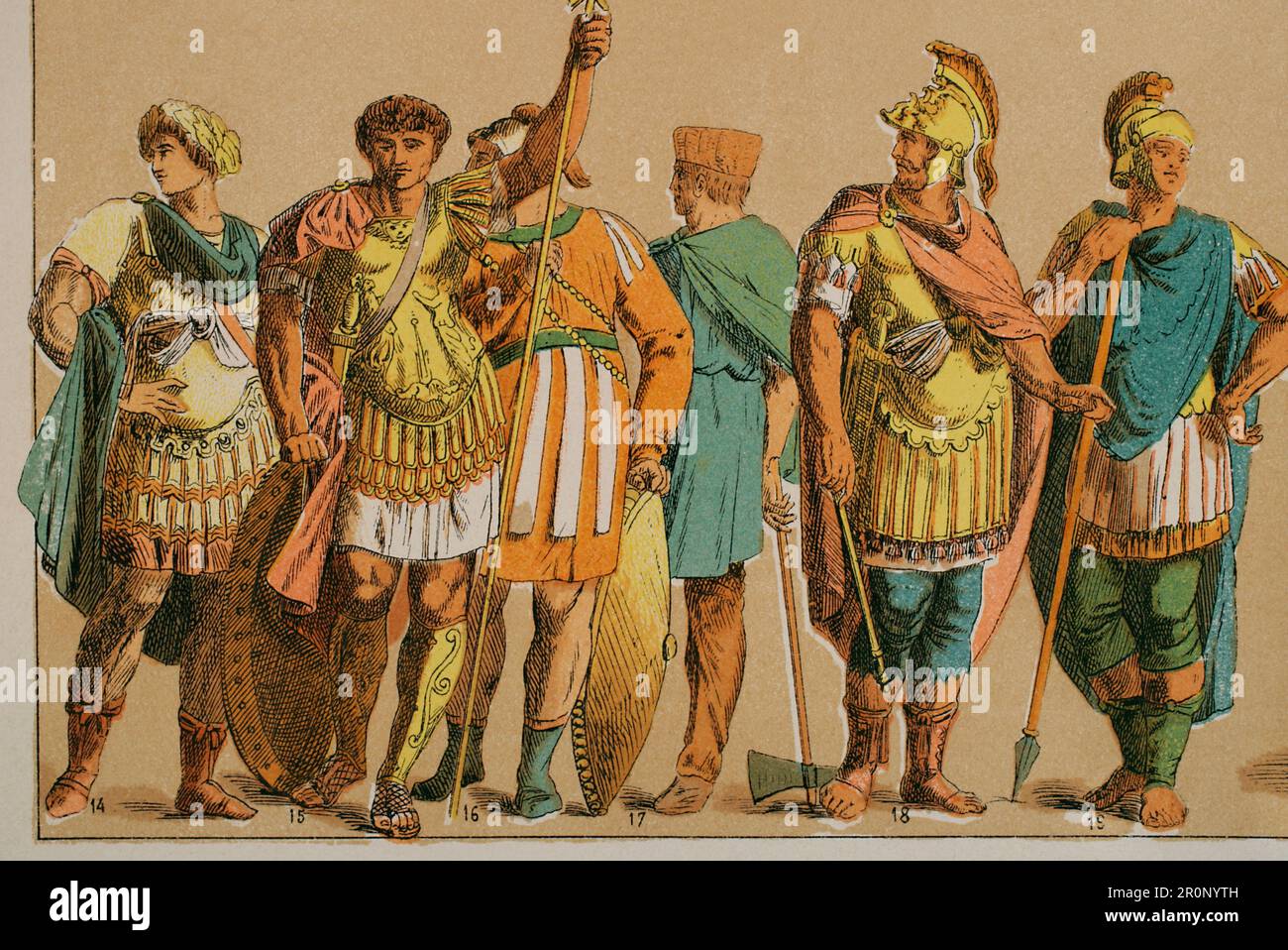 Impero Romano d'Oriente. Bizantini (400-600). Da sinistra a destra: 14 e 15- abbigliamento generale, 16-guerriero, 17-lavoratore (ufficiale), 18- abbigliamento generale, 19- guerriero. Chromolithography. 'Historia Universal', di César Cantú. Volume III, 1882. Foto Stock