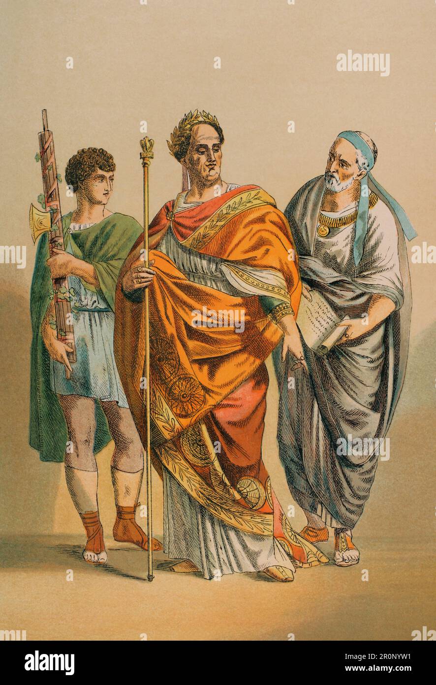 Roma antica. Flamen e i suoi assistenti. Chromolithography. 'Historia Universal' di César Cantú. Volume III, 1882. Foto Stock
