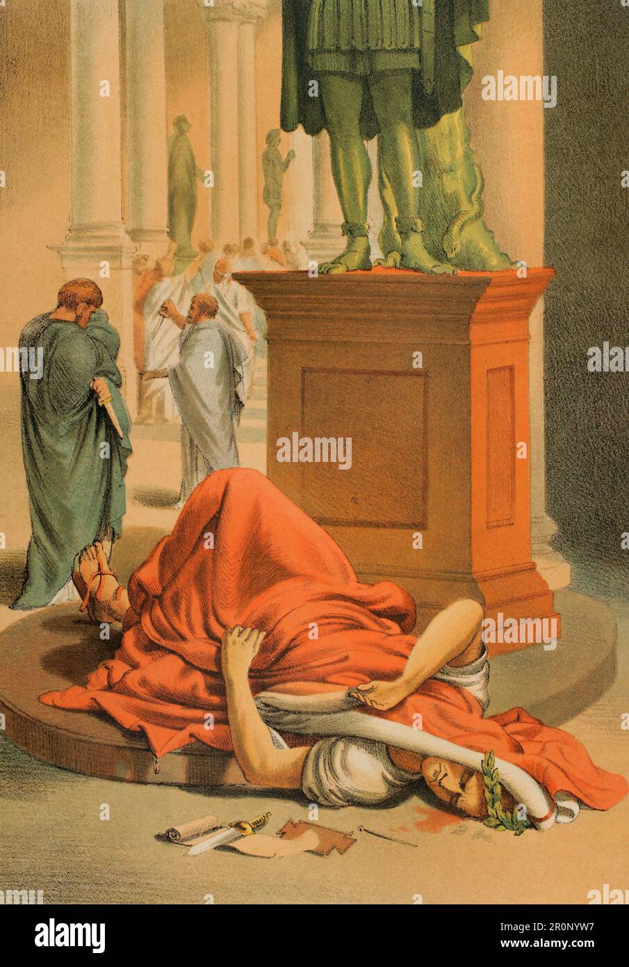 Gaio Giulio Cesare (100 a.C. - 44 a.C.). Politico romano, generale e scrittore. Nel 60 a.C. stabilì un trionfo con Pompeo e Crasso. Conquistata Gallia. Capo dell'impero un dittatore in perpetuità (dittatore Perpetuus). Assassinio di Giulio Cesare a Roma, il 15 marzo 44 a.C., pugnalato da senatori romani e da altri politici. Chromolithography. 'Historia Universal', di César Cantú. Volume III, 1882. Foto Stock