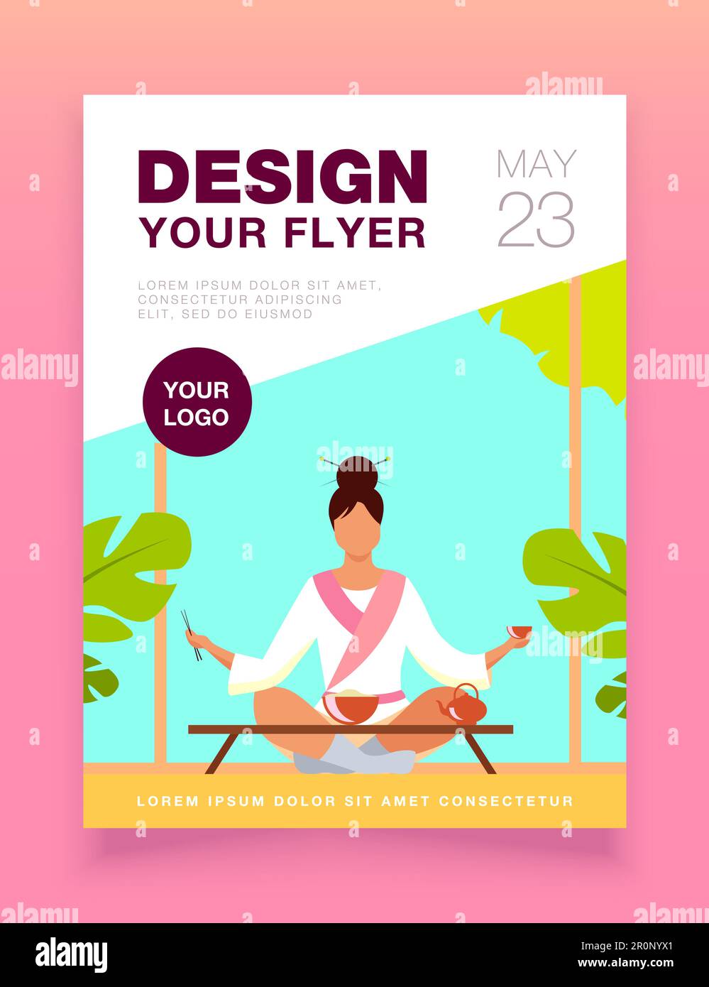 Donna cinese seduta a tavolino e mangiare Illustrazione Vettoriale