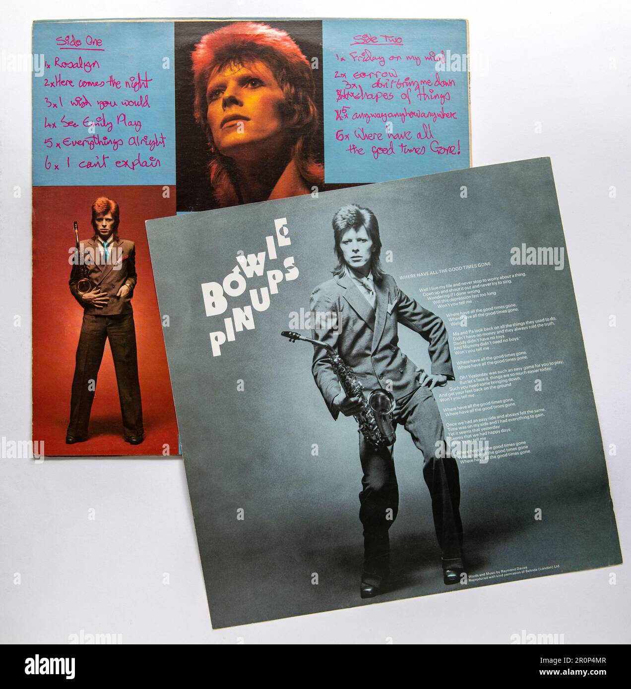 Copertina posteriore e inserto di pin UPS, il settimo album in studio di David Bowie, pubblicato nel 1973 Foto Stock