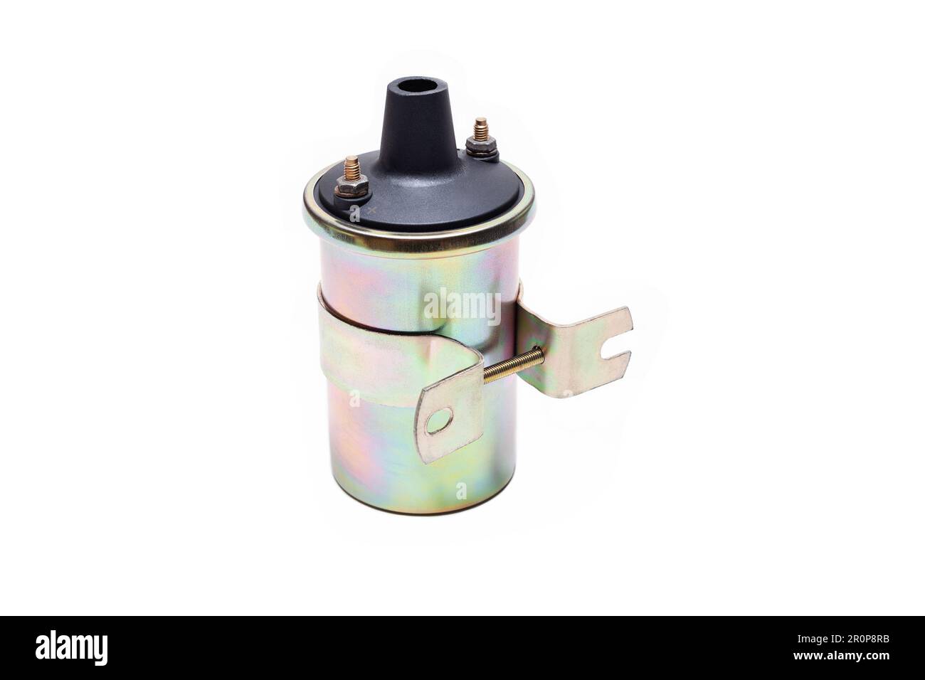Bobina di accensione per auto carburate su sfondo bianco Foto Stock