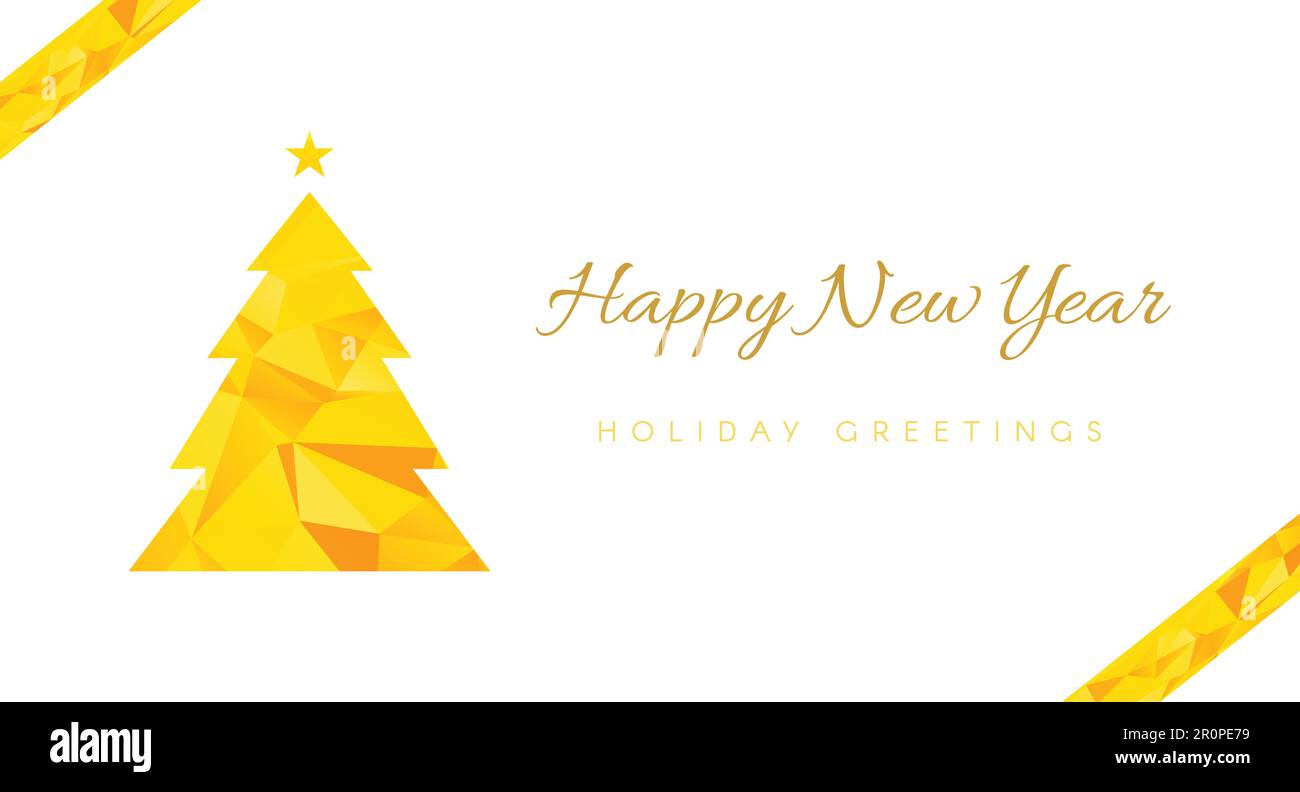 Modello vettoriale biglietto di auguri per il nuovo anno felice. Albero di Natale Poly arte silhouette con calligrafia Illustrazione Vettoriale
