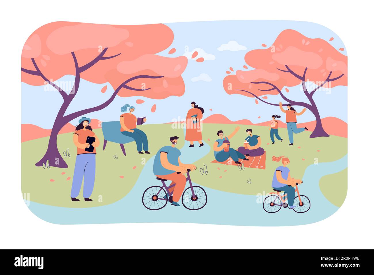 Persone positive che si trovano nel parco cittadino con alberi di ciliegio Illustrazione Vettoriale