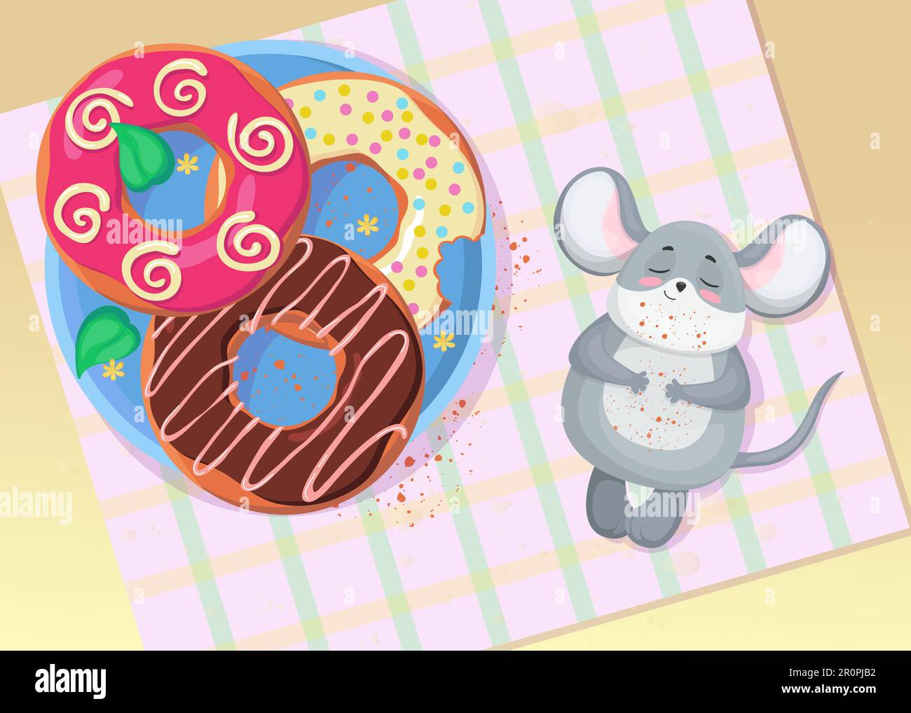 Simpatico piccolo mouse rilassante dopo aver mangiato ciambella illustrazione Illustrazione Vettoriale