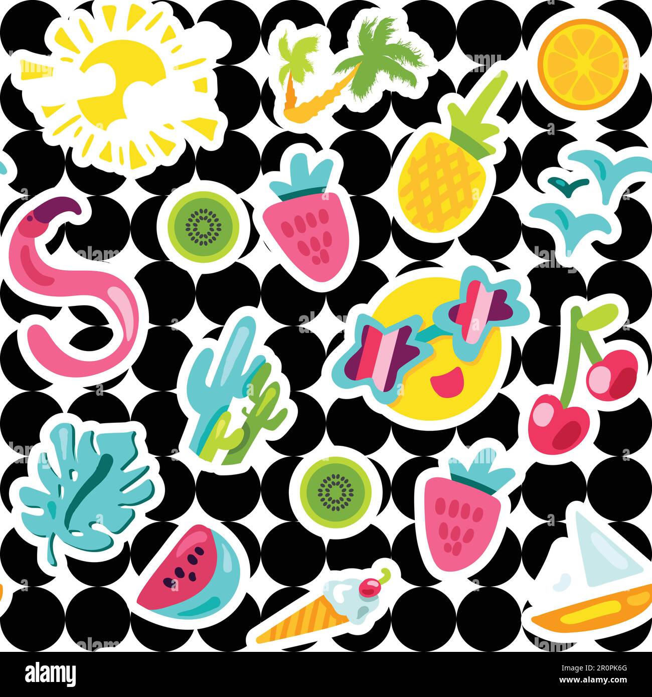 Modello vettoriale senza giunture estivo. Frutta, sole, bacche. Sfondo delle vacanze con adesivi disegnati a mano Illustrazione Vettoriale