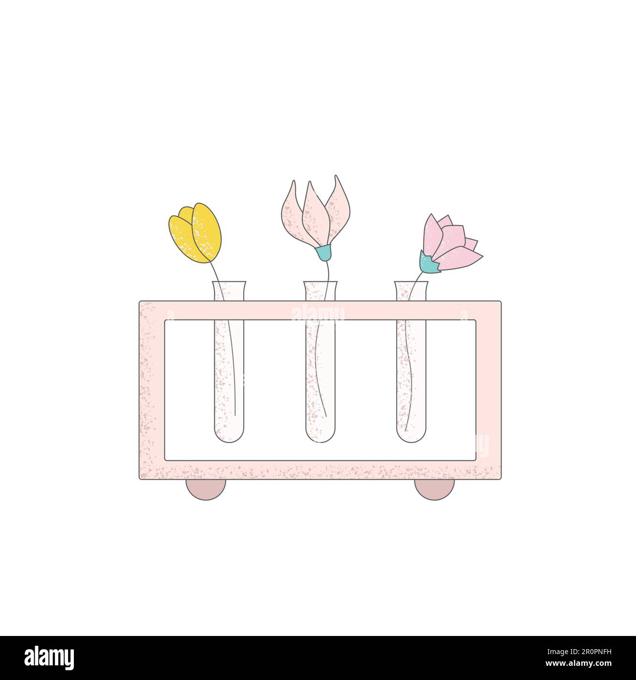 Moderna cartoon fiori in vaso come provetta. Semplici illustrazioni vettoriali floreali minimaliste per stampe, poster, biglietti, adesivi, decorazioni da parete. Illustrazione Vettoriale