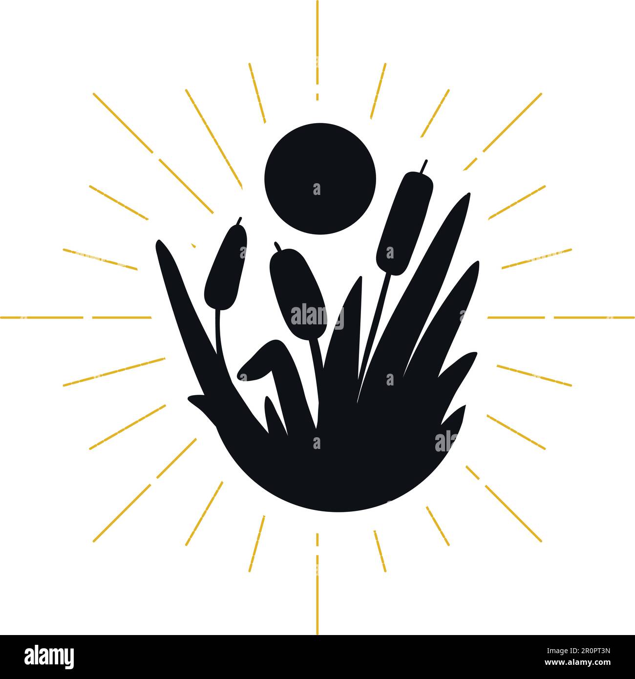 Logo con silhouette reed retrò. Cartello Riverside e logotipo vintage. Icona di vetro. Simbolo di ecologia. Vettore Illustrazione Vettoriale