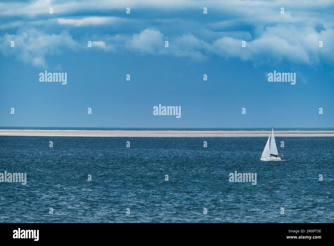 Barca a vela sul Mare del Nord, di fronte a un banco di sabbia in acqua blu con un cielo limpido Foto Stock