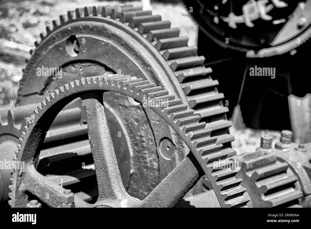 Primo piano della macro macchine Gears vintage. Foto Stock