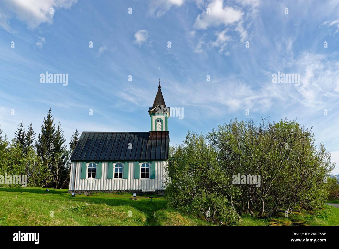 Chiesa di Thingvellir, Parco Nazionale di Pingvellir, Pingvellir, Pingvallavattn, cerchio d'oro, Triangolo d'oro, sito patrimonio dell'umanità dell'UNESCO, Islanda Foto Stock