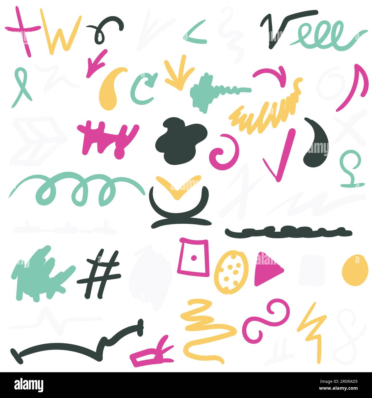 Set di tratti di colore disegnati a mano. Vivace collezione di scribbles. Texture astratte di doodle Illustrazione Vettoriale