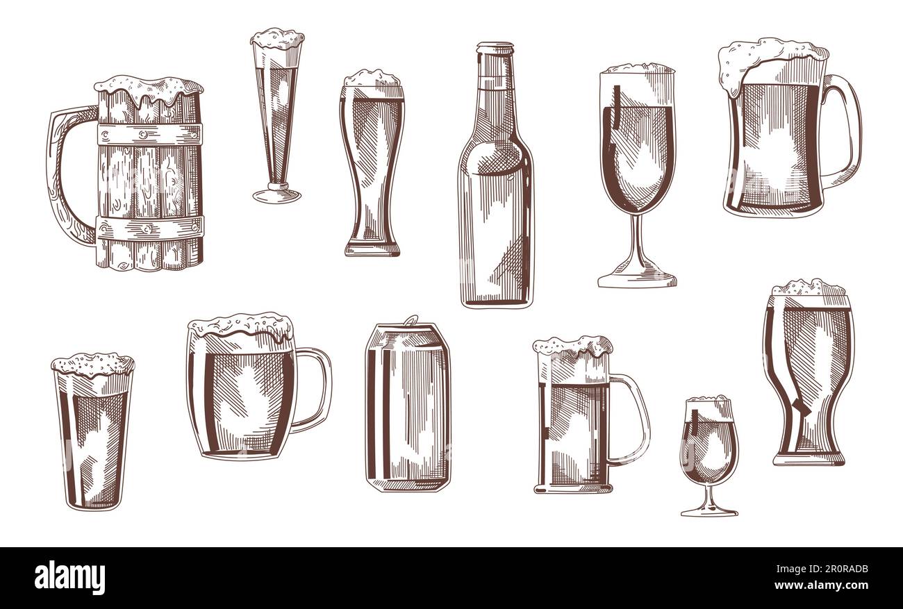 Birra bere in bicchieri, pinte, tazze, può schizzo set Illustrazione Vettoriale