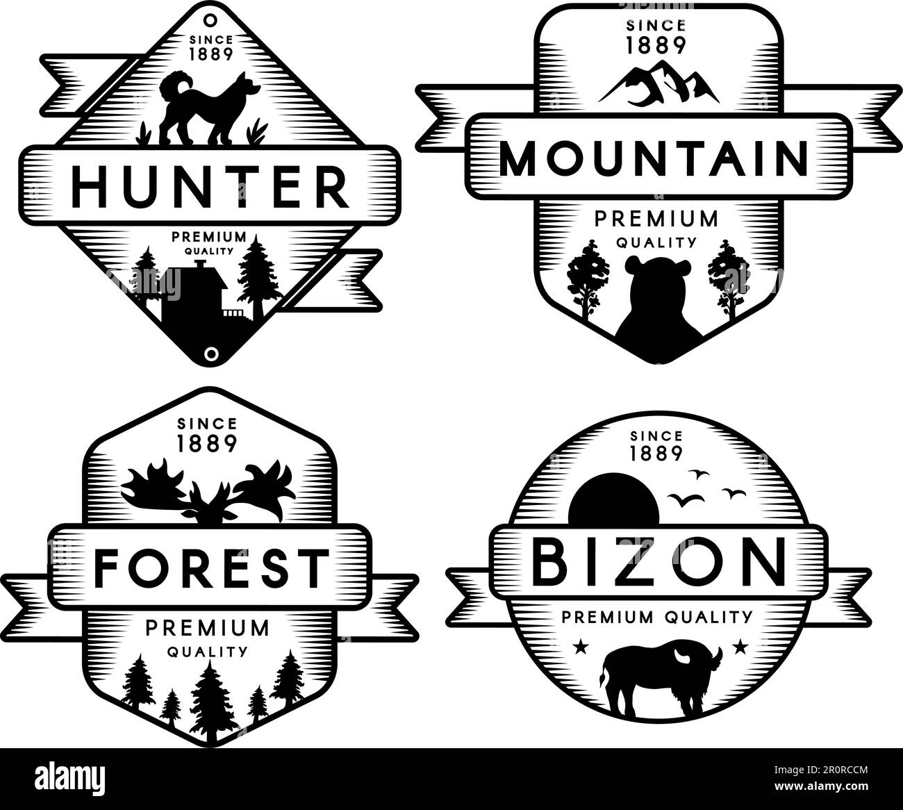 Logo Hunter and Bizon, Forest and Mountain Set. Collection marchio di qualità Premium. Silhouette di cane e orso, cervo e bufala con logotipo Monochrom Illustrazione Vettoriale