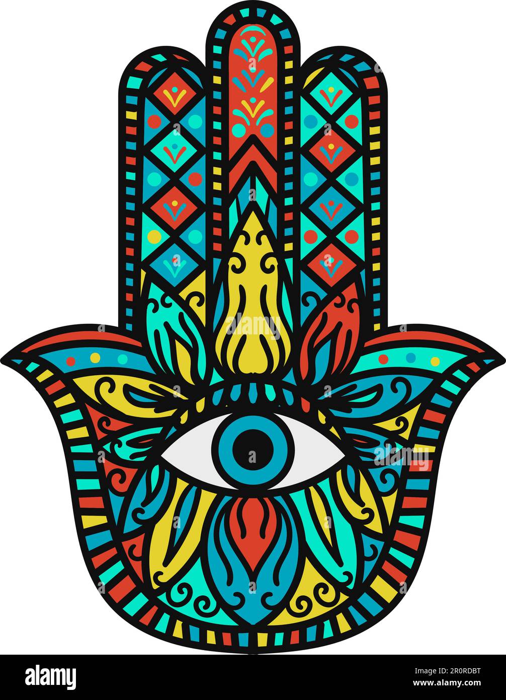 HAMSA Fatima Hand Tradition simbolo colorato Amulet isolato su sfondo bianco. Segno religioso indiano con tutti gli ornamenti etnici dell'occhio vedente. Talismano B. Illustrazione Vettoriale