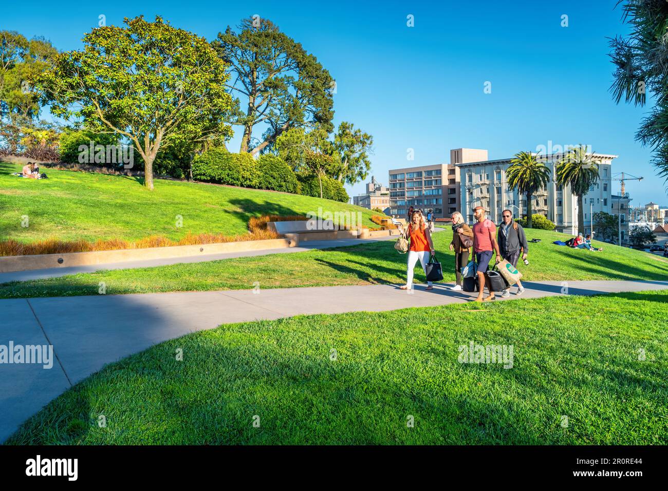 La gente va per un picnic in Alamo Square a San Francisco, California, Stati Uniti Foto Stock