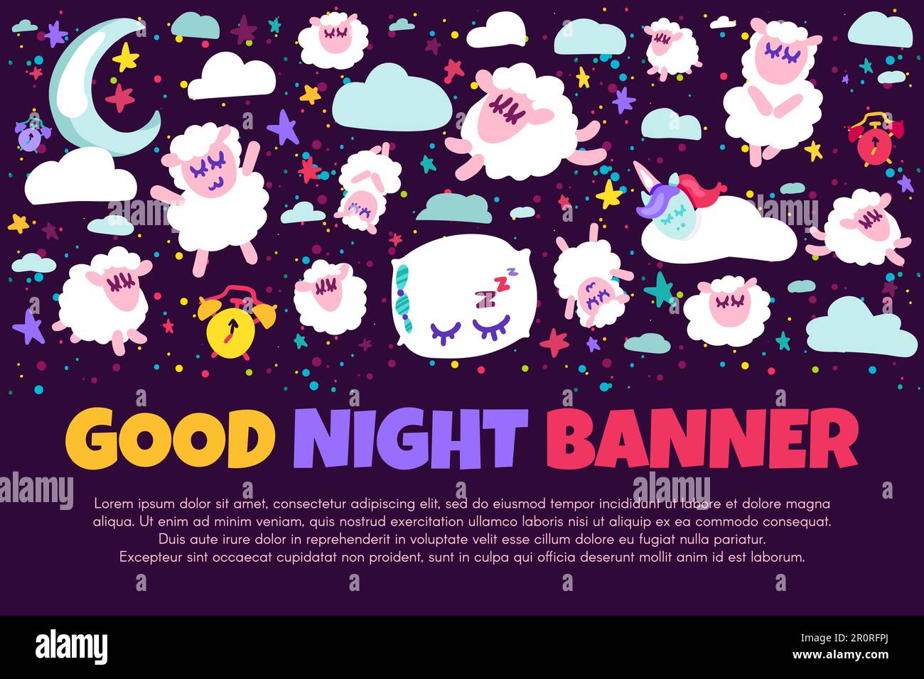 Buona notte banner con pecora piatta. Illustrazione positiva del tempo di letto. Cielo stellato notte. Sogni dolci Illustrazione Vettoriale