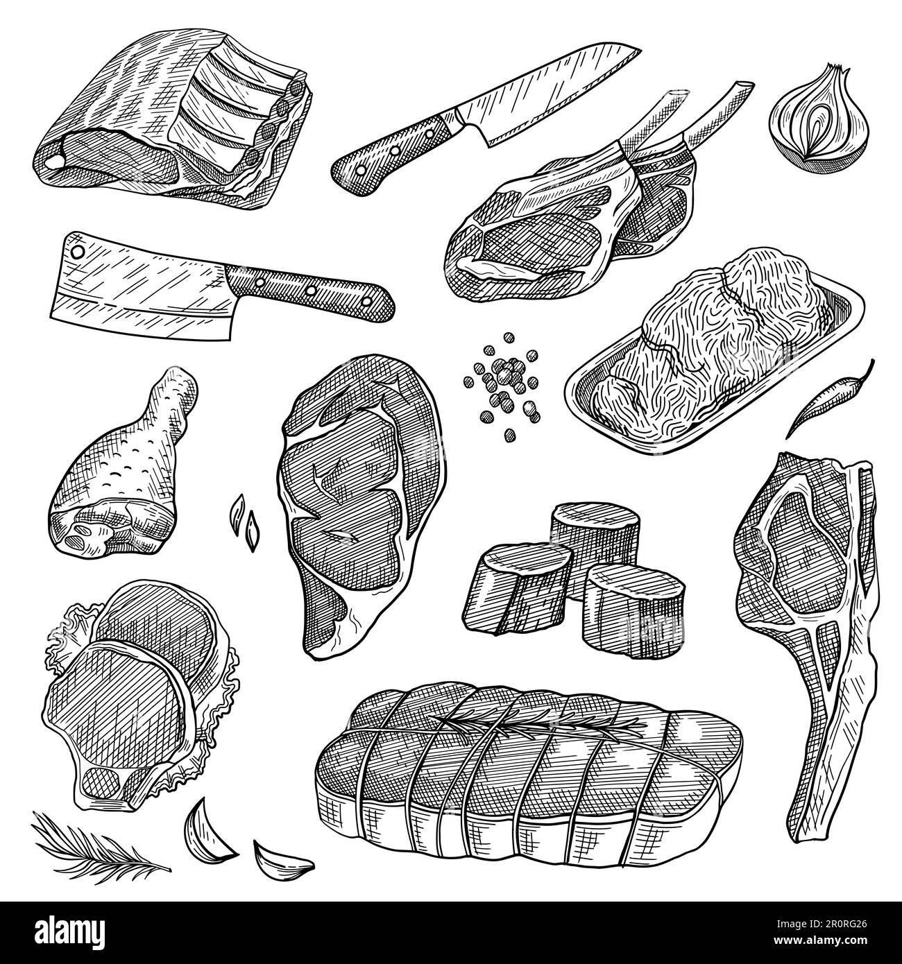 Carne macinata, bistecca di manzo, costolette di maiale, controfiletto, coscia di tacchino, coltelli impostati Illustrazione Vettoriale