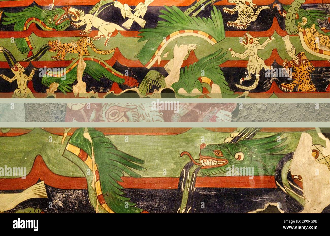 Bellissimi frammenti di pittura murale trovati nell'antica e misteriosa città di Tenochtitlan in Messico Foto Stock