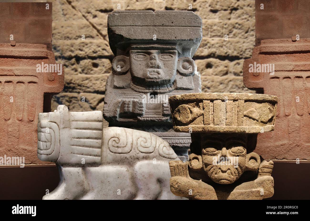 Belle rappresentazioni di alcune divinità aztec dell'antica e misteriosa città di Teotihuacán (Tenochtitlan) in Messico Foto Stock