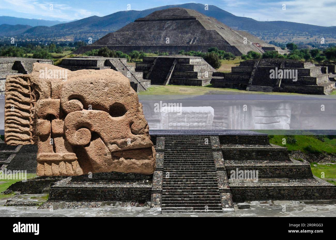 Teotihuacan antica città mesoamericana, situata nel Messico centrale, famosa per le sue misteriose piramidi e le belle pareti dipinte Foto Stock