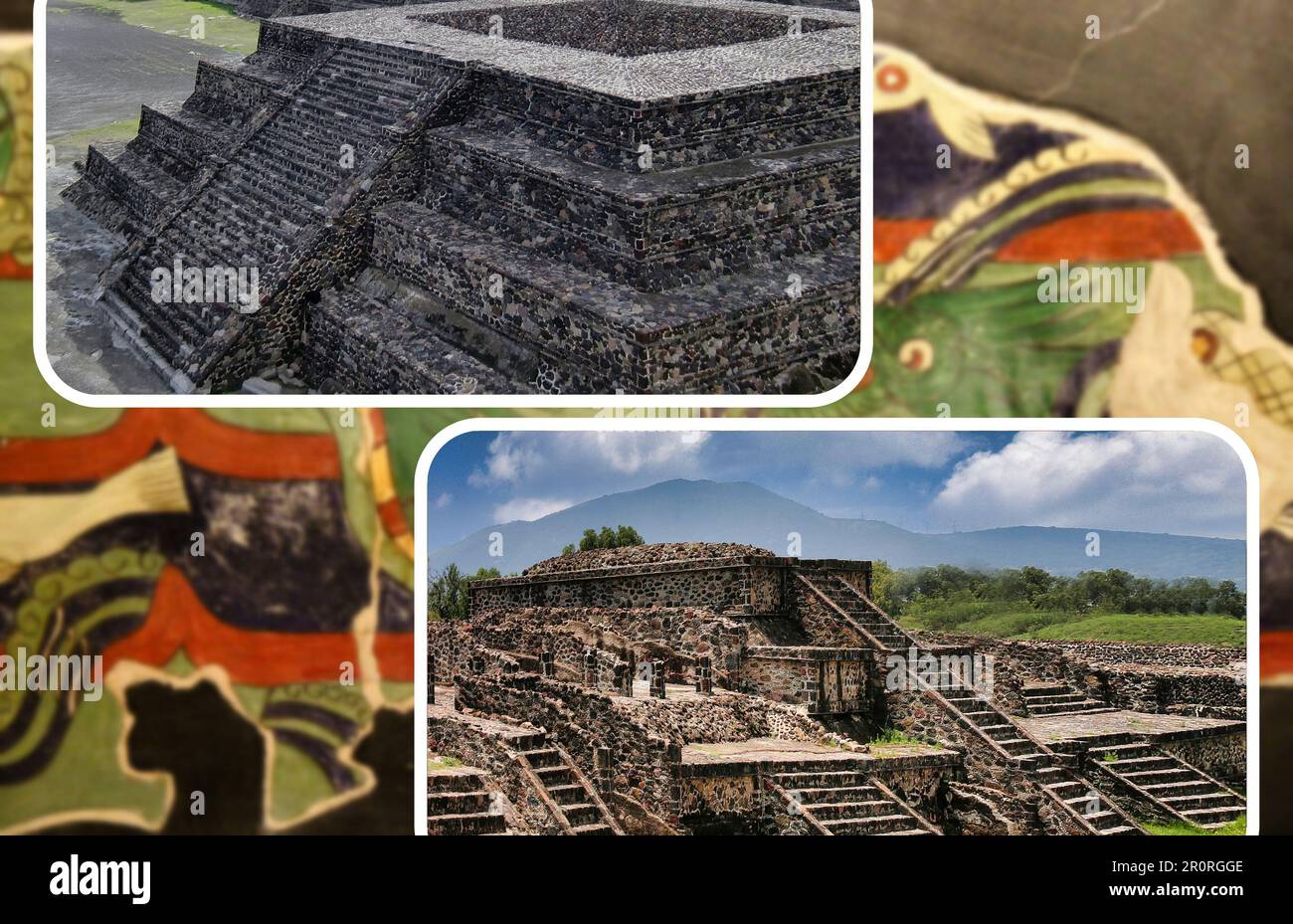 Teotihuacan antica città mesoamericana, situata nel Messico centrale, famosa per le sue misteriose piramidi e le belle pareti dipinte Foto Stock
