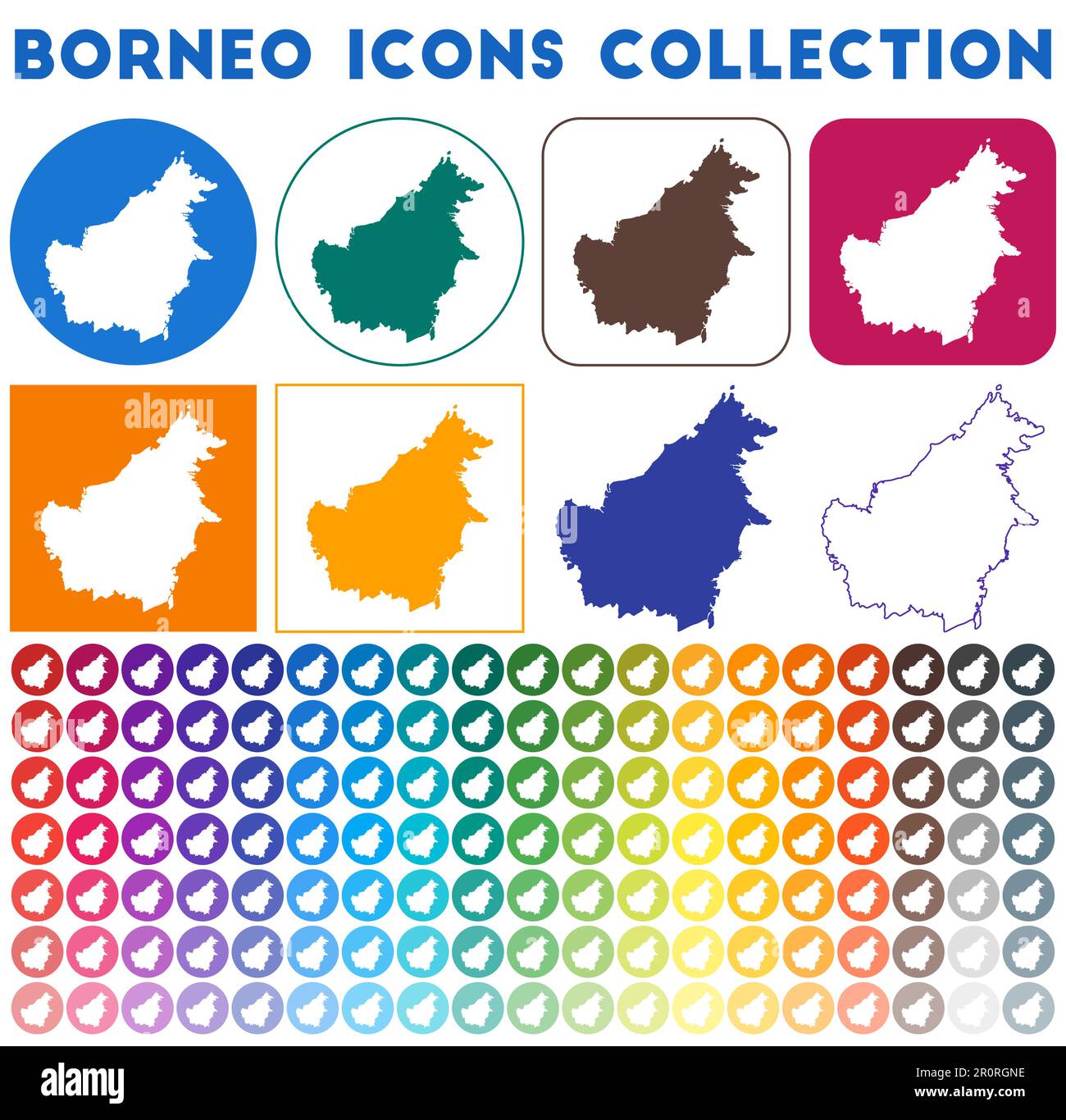 Collezione icone Borneo. Icone luminose e colorate alla moda. Badge Borneo moderno con mappa dell'isola. Illustrazione vettoriale. Illustrazione Vettoriale