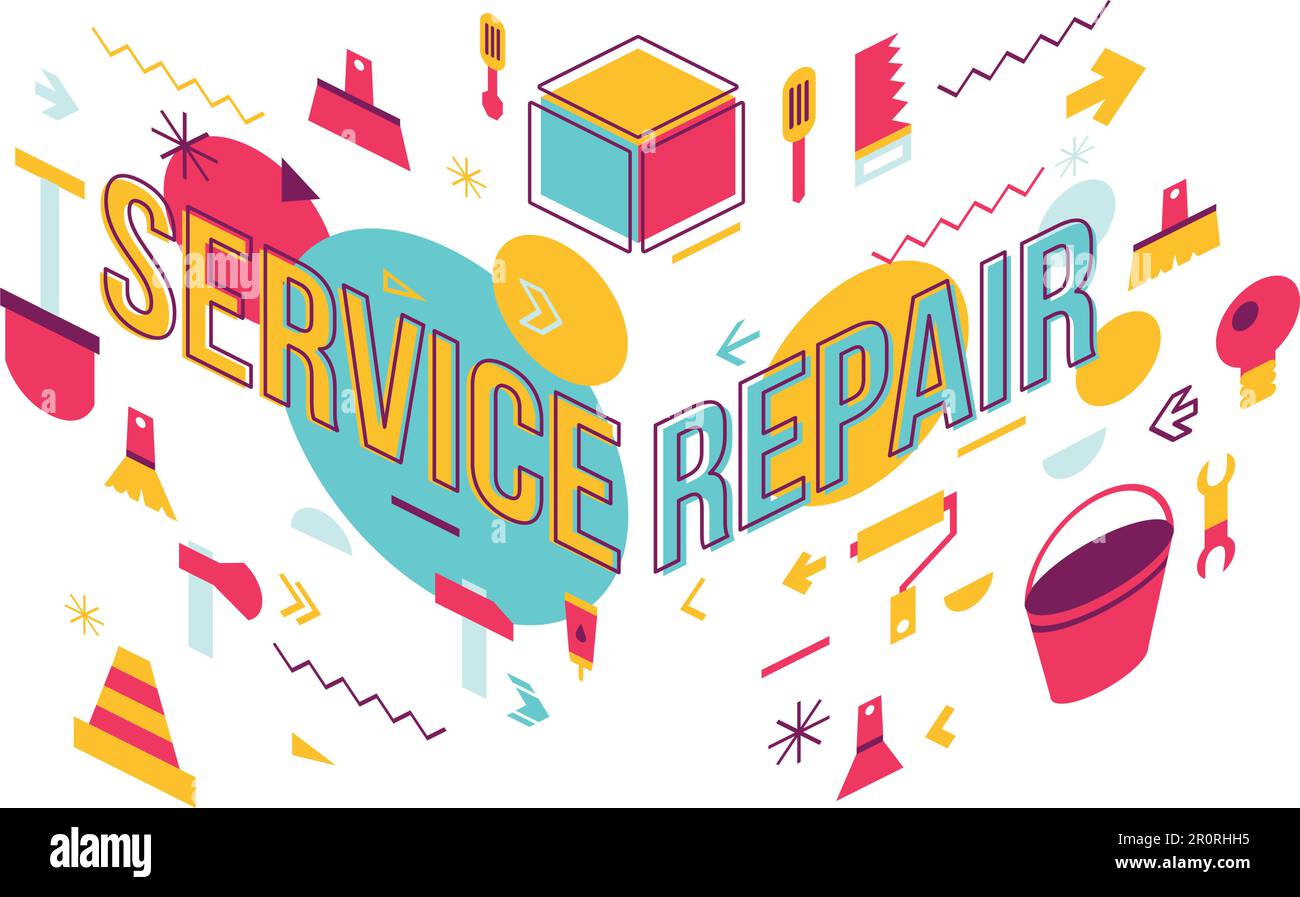 Design banner concetto parola riparazione assistenza. Illustrazione della vista prospettica dell'officina per la manutenzione Illustrazione Vettoriale