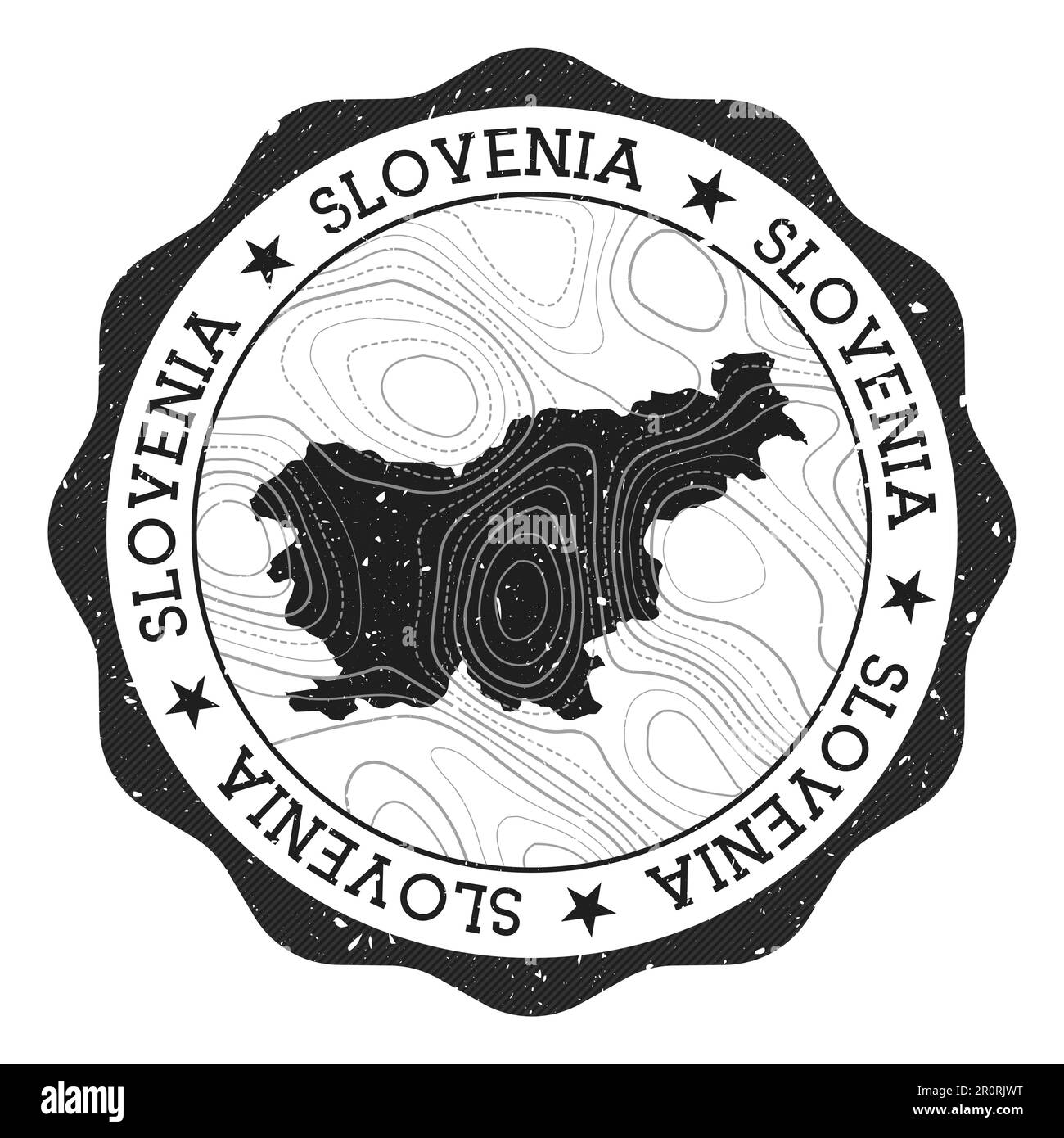 Francobollo per esterni in Slovenia. Adesivo rotondo con mappa del paese con isoline topografiche. Illustrazione vettoriale. Illustrazione Vettoriale