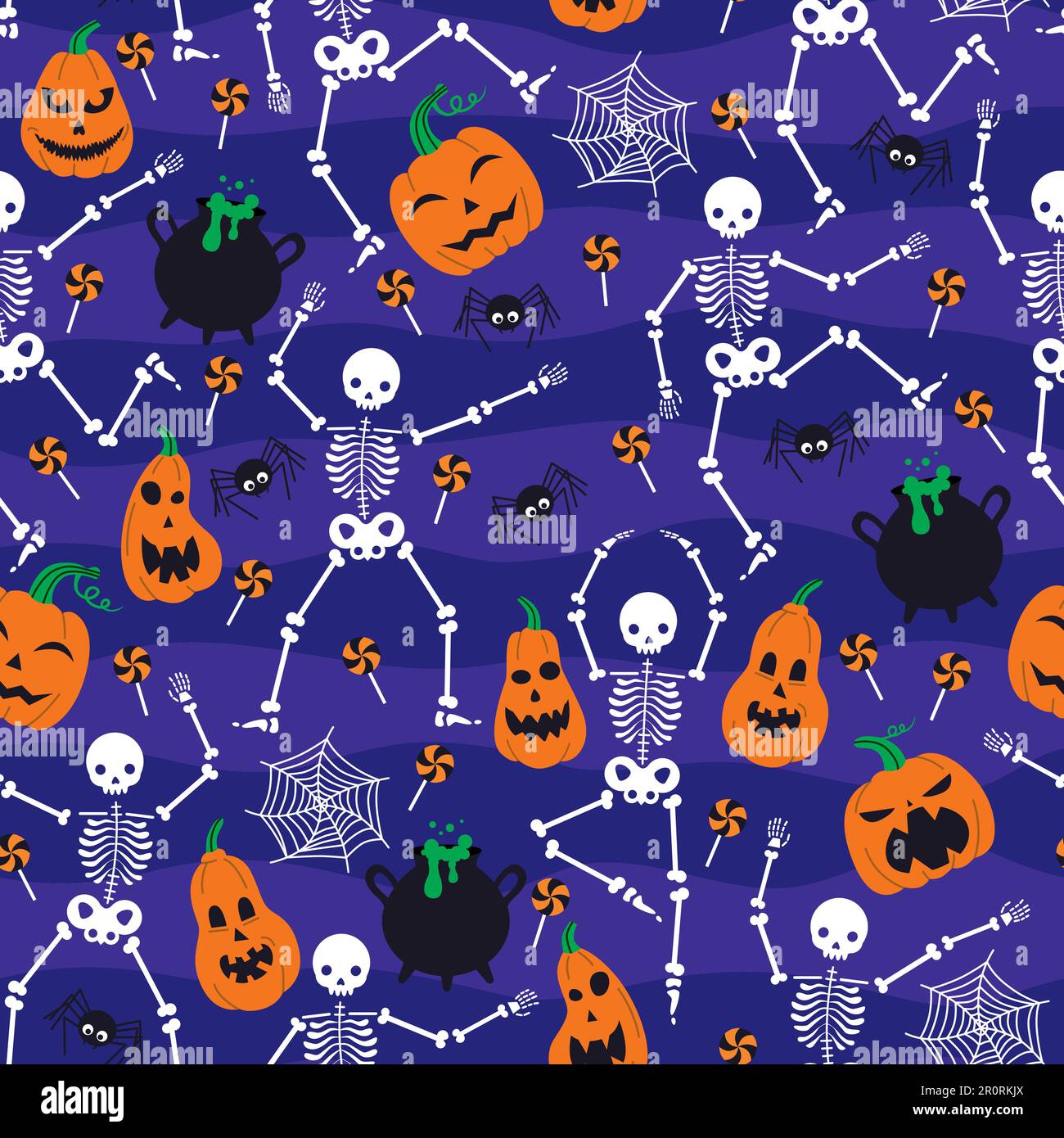 Modello vettoriale con scheletri, zucche e ragni per Halloween. Illustrazione Vettoriale