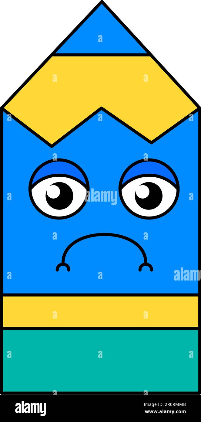 Illustrazione di contorno di emoji di matita infelice. Emoticon depressa e cupa. Adesivo dei cartoni animati sui social media Illustrazione Vettoriale