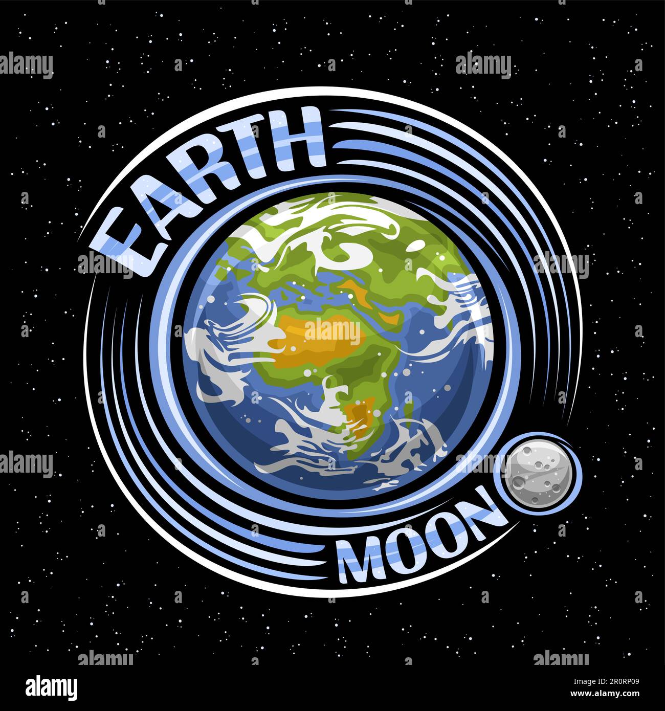 Logo vettoriale per Terra e Luna, stampa fantasy con pianeta terra con satellite in pietra rotante, superficie planetaria con continenti e mari, pennello unico l Illustrazione Vettoriale