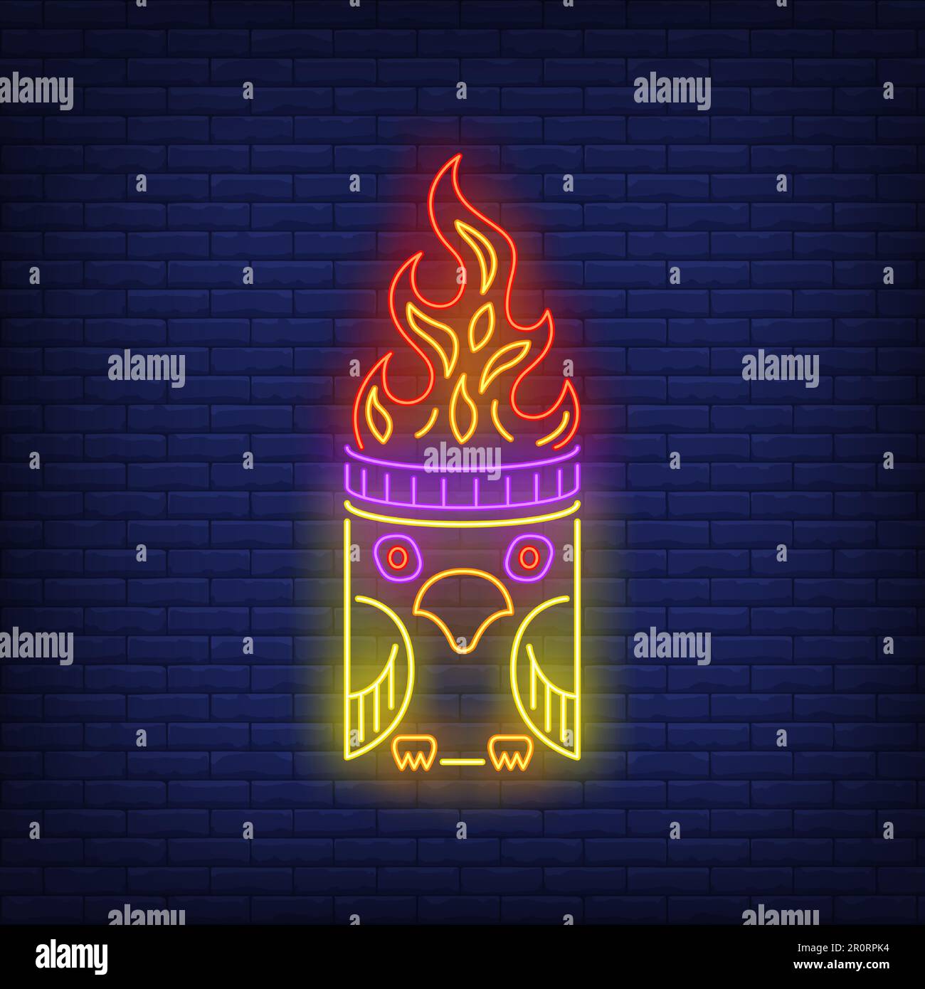 Totem palo con uccello e fuoco al neon segno Illustrazione Vettoriale