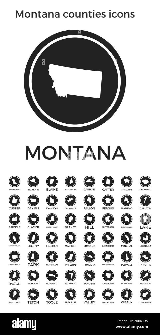 Icone delle contee del Montana. Loghi neri rotondi con le mappe e i titoli delle contee degli Stati Uniti. Illustrazione vettoriale. Illustrazione Vettoriale