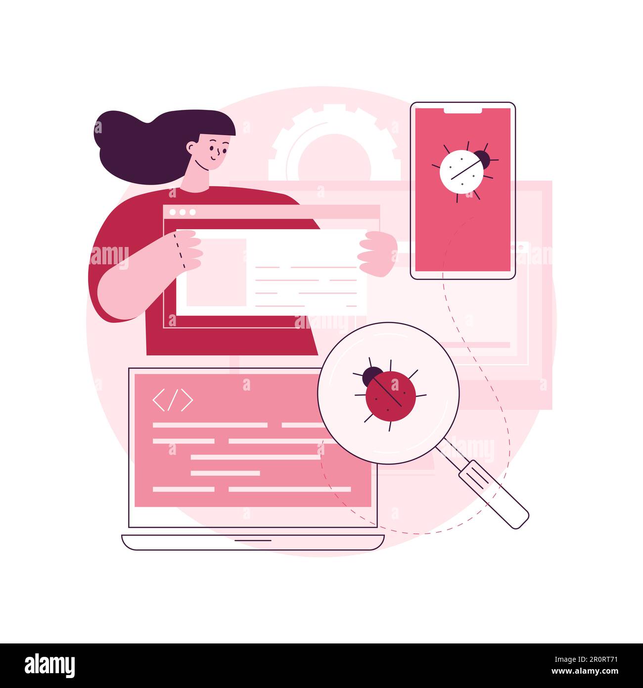 Illustrazione vettoriale del concetto astratto di test multipiattaforma. Individuazione di bug multipiattaforma, identificazione dei problemi, testing di software multipiattaforma, framework, metafora astratta del processo di sviluppo. Illustrazione Vettoriale