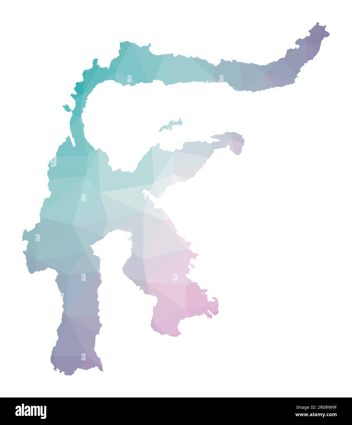 Mappa poligonale di Sulawesi. Illustrazione geometrica dell'isola in colori smeraldo e ametista. Mappa di Sulawesi in basso stile poli. Illustrazione Vettoriale