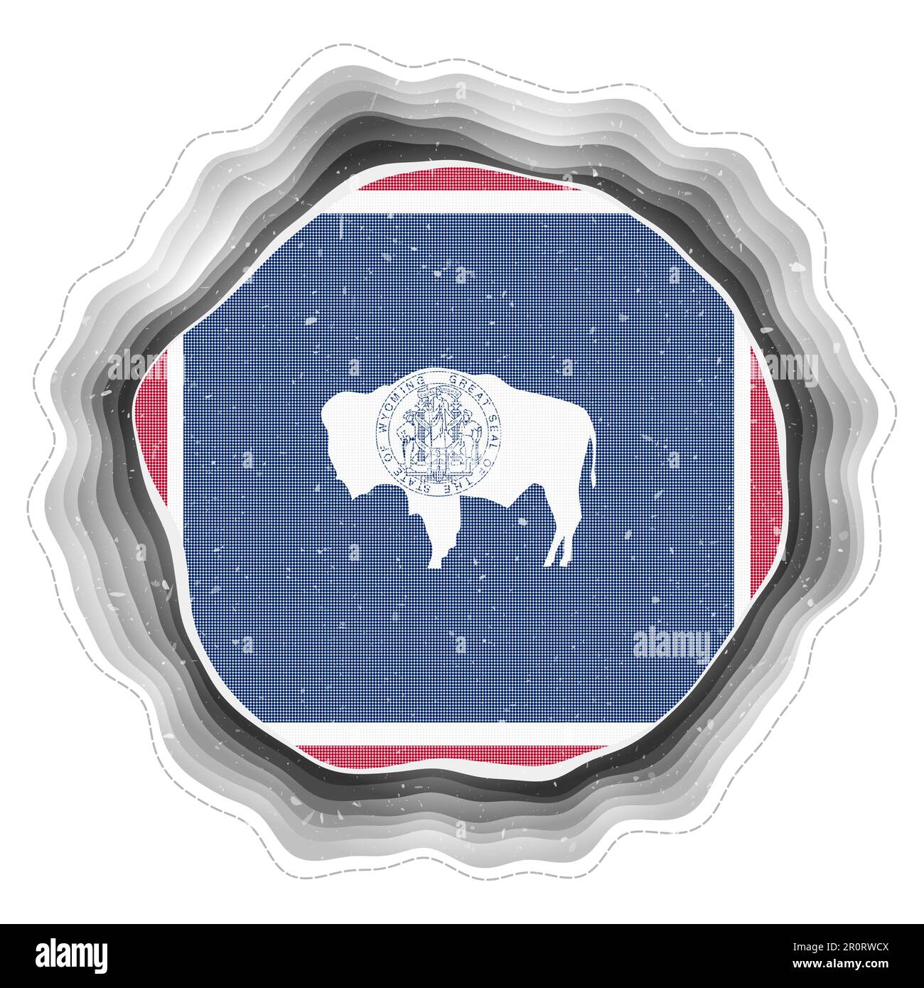Bandiera Wyoming nel riquadro. Distintivo dello stato degli Stati Uniti. Segno circolare stratificato intorno alla bandiera del Wyoming. Illustrazione vettoriale di tendenza. Illustrazione Vettoriale