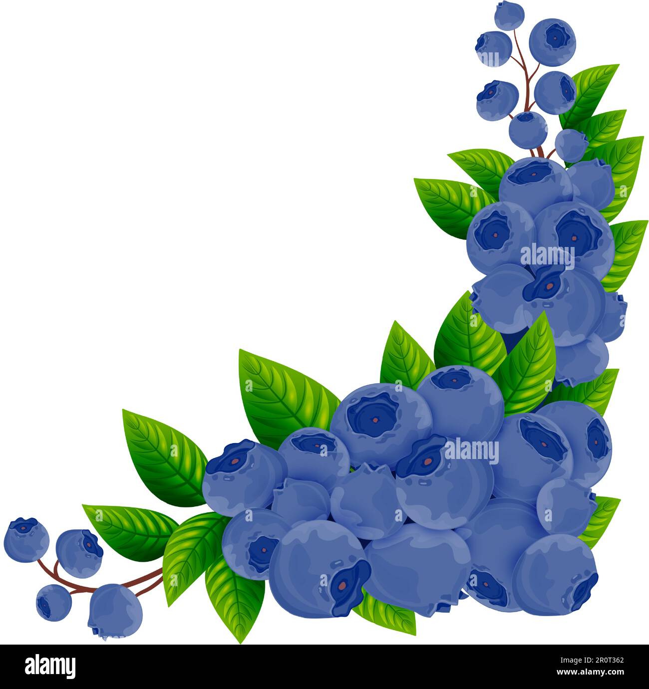 Modello d'angolo composto da bacche, foglie e rami di mirtillo. Cornice decorativa, bordo con un intricato disegno di bacche e foglie di blu Illustrazione Vettoriale