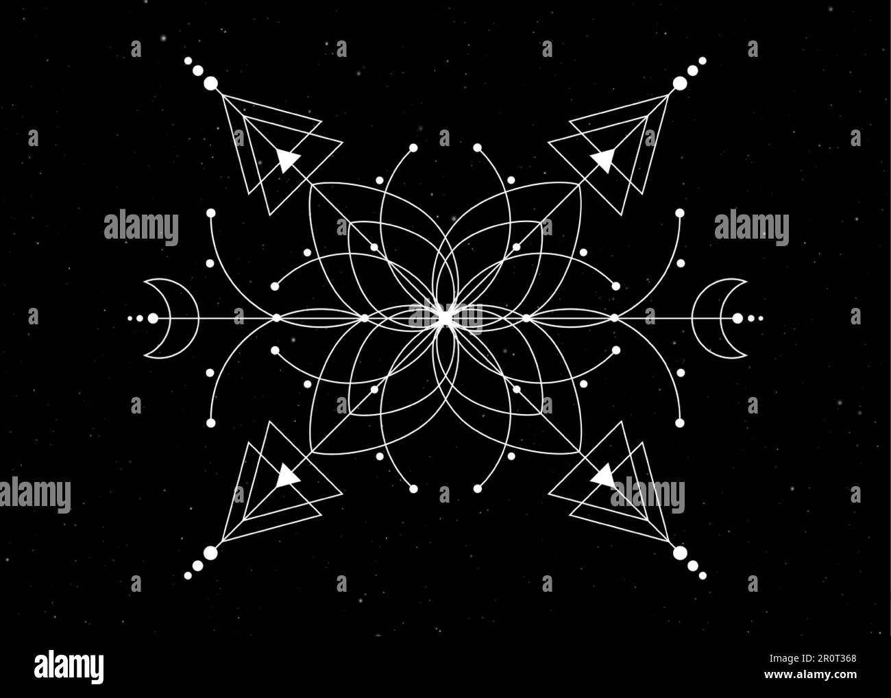 Geometria sacra, Fiore della vita, disegno mistico: Cerchi, triangoli, luna, schema di energia. Simboli di alchimia, magia, esoterico, occultismo. Vettore Illustrazione Vettoriale