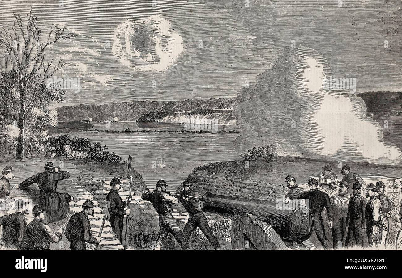 Howlett's Rebel Battery, sul fiume James, Virginia - shelling i feroncelli, e i lavoratori sul canale Dutch Gap. Guerra civile americana, 1864 Foto Stock