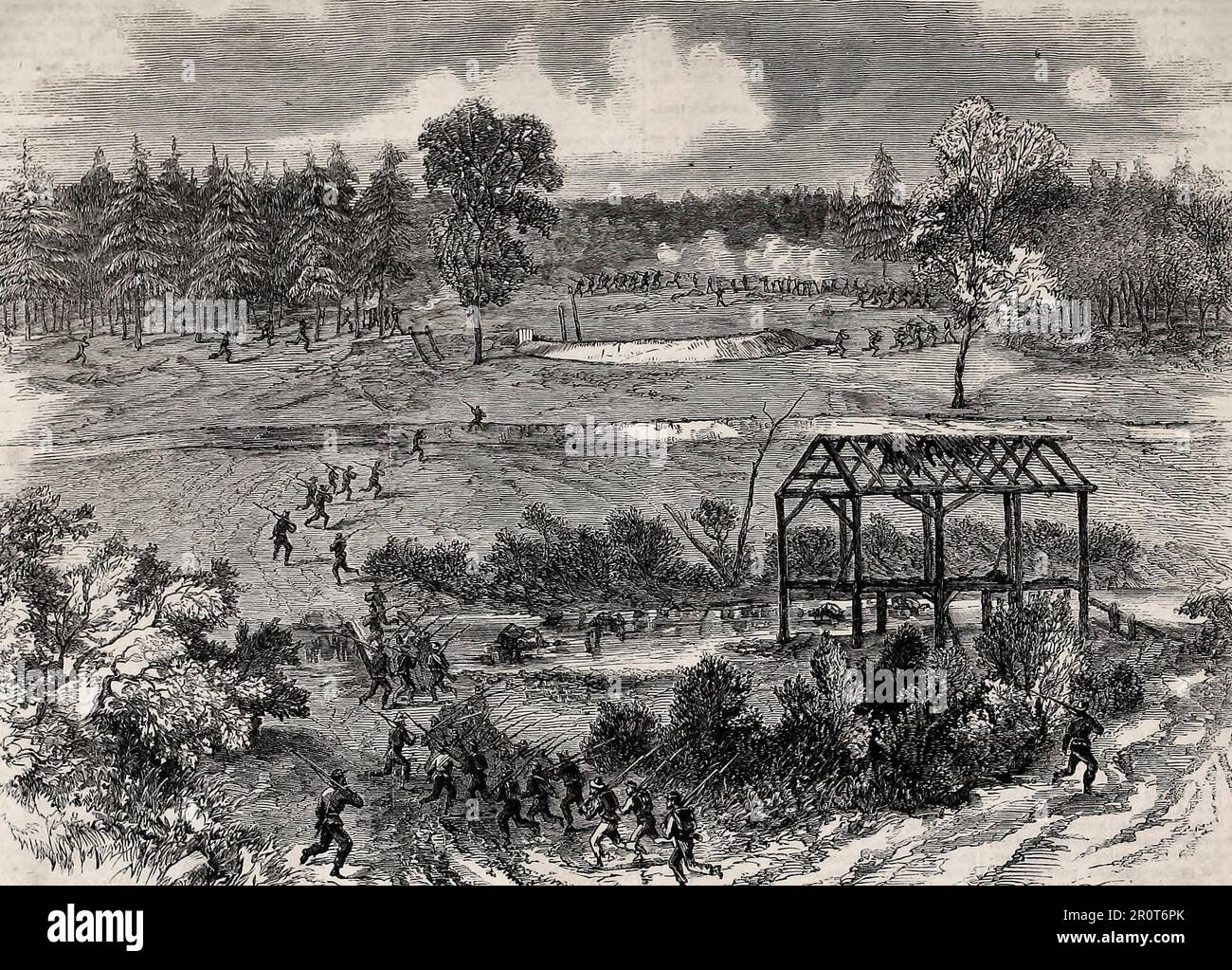 Army of the Potomac - Battaglia di Hatcher's Creek, Virginia 27 ottobre 1864. Il corpo del 2nd, sotto il maggiore generale Hancock, affianca le opere ribelli al mulino di Armstrong sul torrente Hatcher. Guerra civile americana 1864 Foto Stock