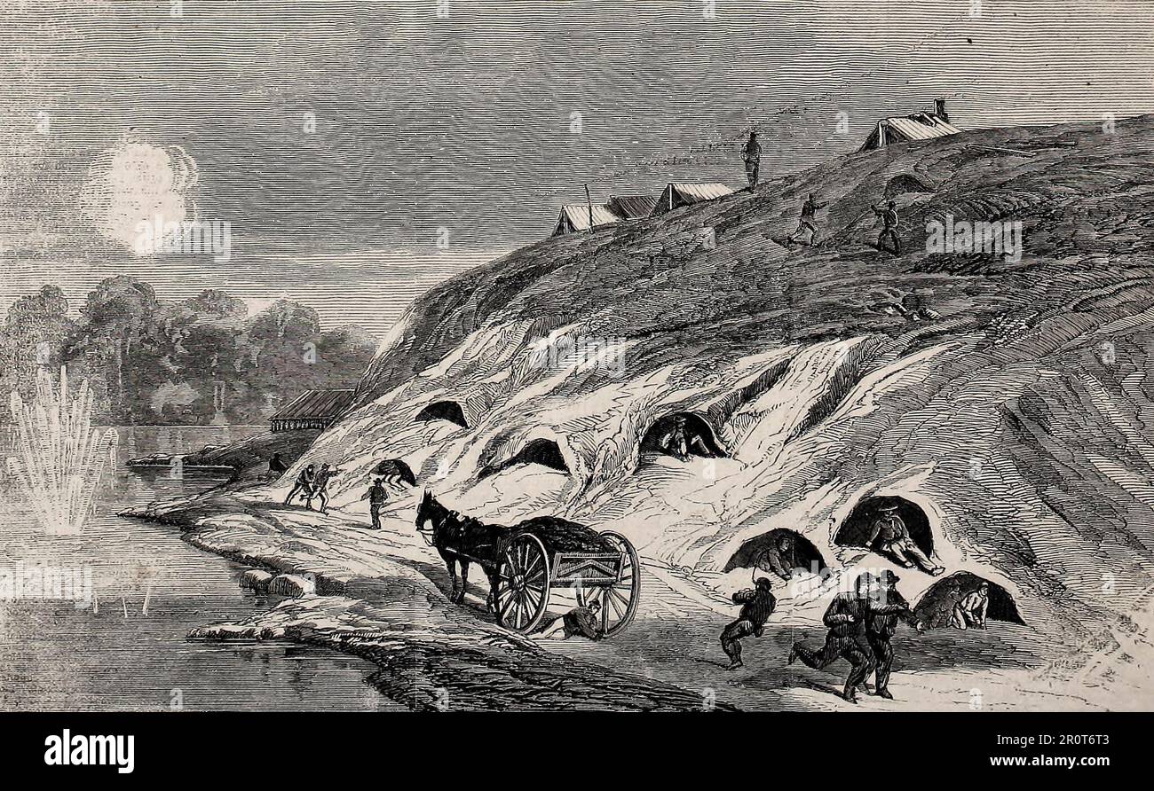 Scena al canale Dutch Gap, Farrar's Island, Virginia - Howlett's Battery che lancia conchiglie e operai che si rifugiano in grotte durante la guerra civile americana, 1864 Foto Stock