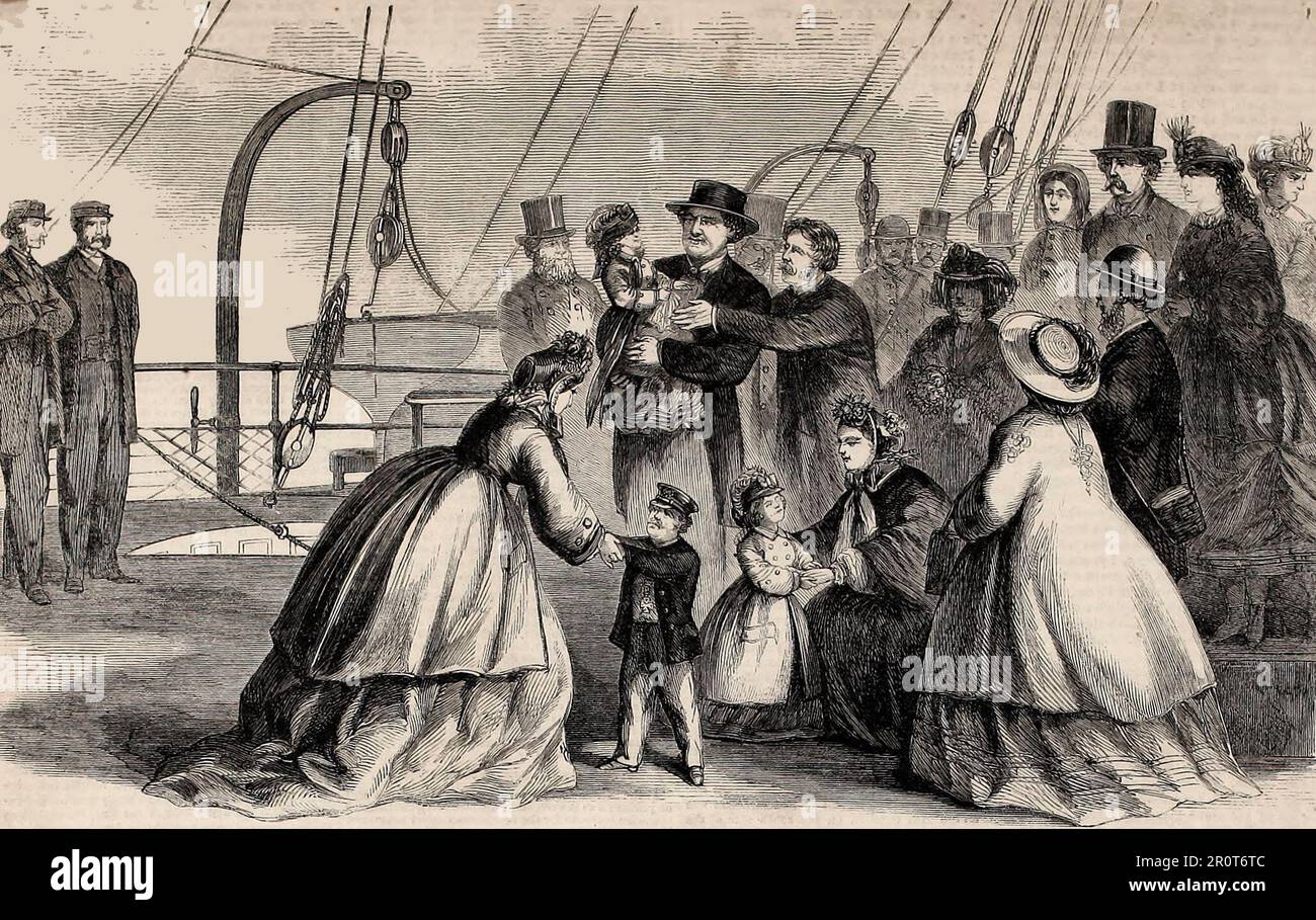 Partenza del generale Tom Thumb, sua moglie e Minnie Warren per l'Inghilterra, scena sul Quarterdeck della città di Steamer di Washington, a New York, 29 ottobre 1864 Foto Stock