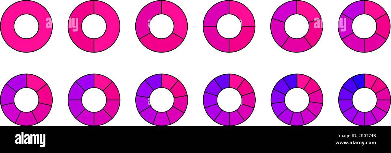 Collezione di segmenti della carta donut. Schemi delle ruote in rosa viola. Sezioni di contorno e pacchetto di sezioni. Da 1 a 12 segmenti di grafici infografici. Diverse fasi e fasi del ciclo. Vettore Illustrazione Vettoriale