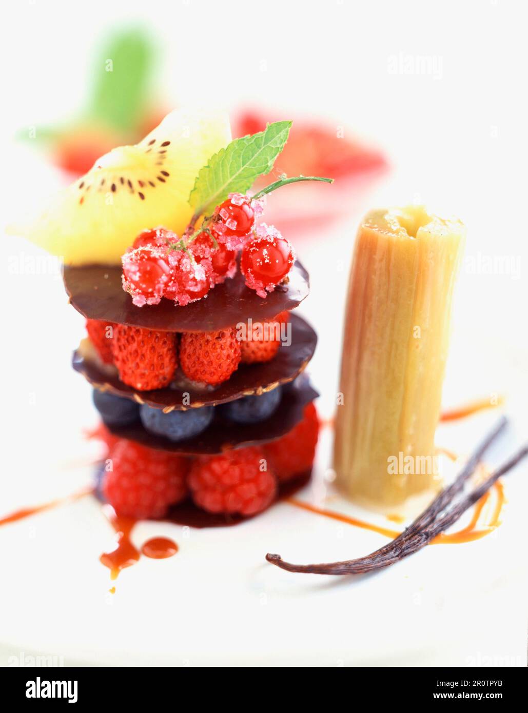 Estate a strati di frutta, cioccolato e stufati di rabarbaro dessert Foto Stock