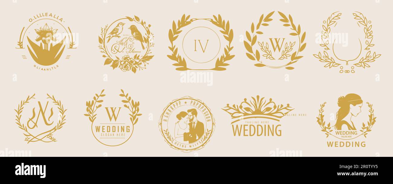 Set di logo per matrimoni. Pacchetto vettore matrimonio. collezione di logo per matrimoni. Illustrazione Vettoriale